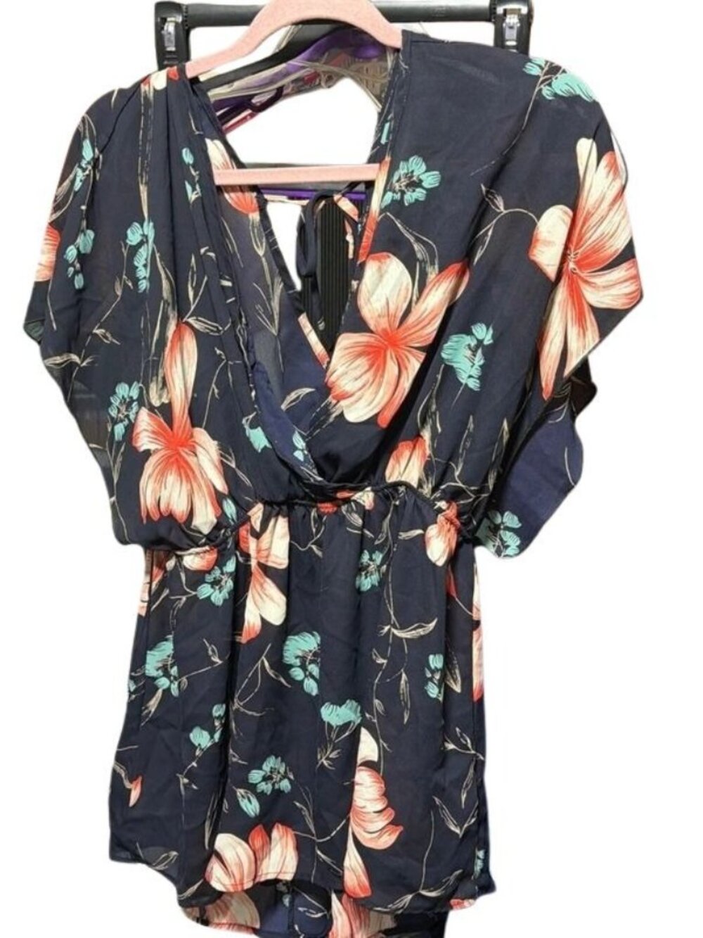 Torrid Plus Size 1 / 1X Floral V-Neck Flutter Sleeve Peplum Blouse Navy Blue